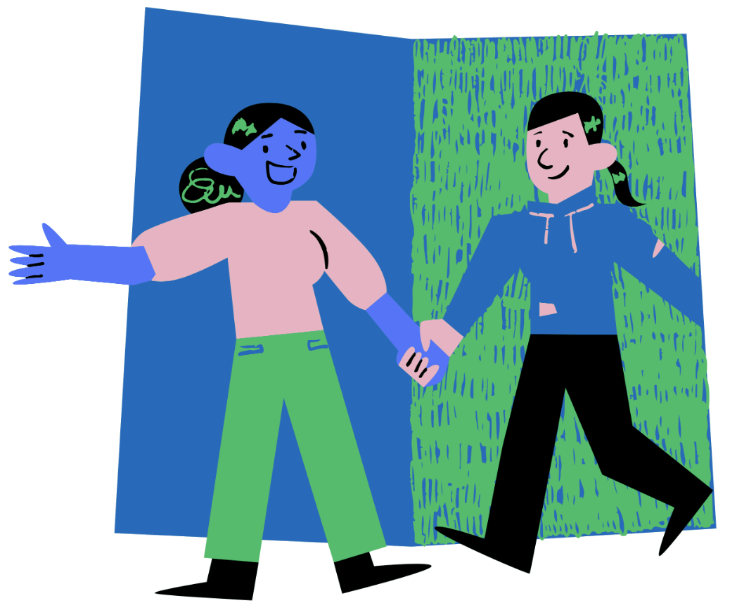 cartoon person showing someone how to do something